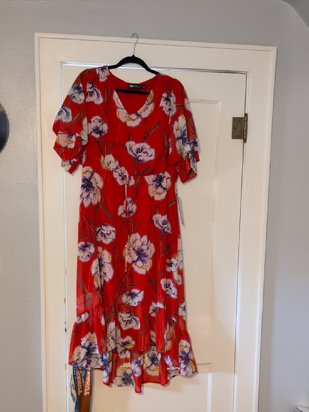 Floral Red Midi Dress with Ruffle Hem